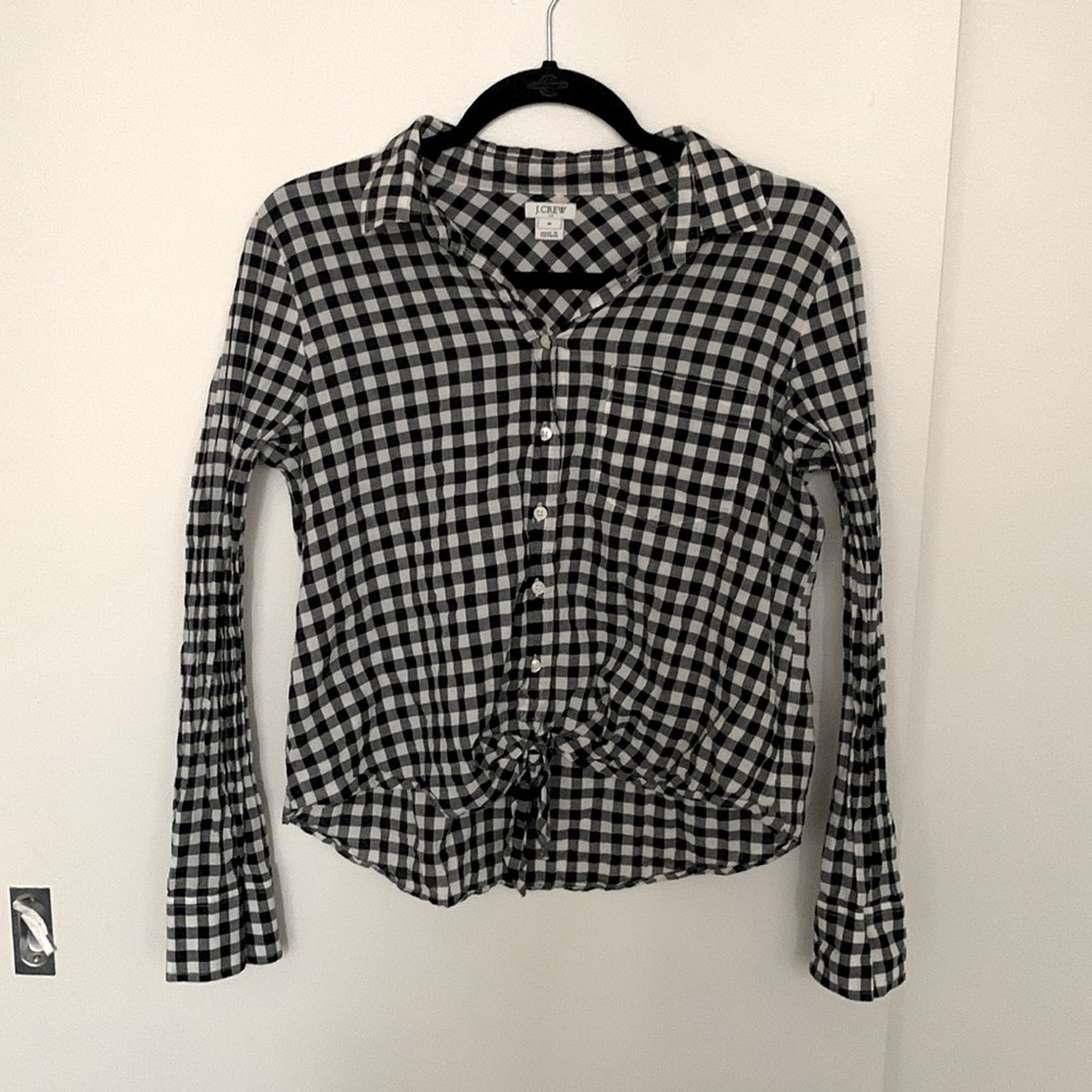 J.Crew cropped button up. Black white checkered pattern.